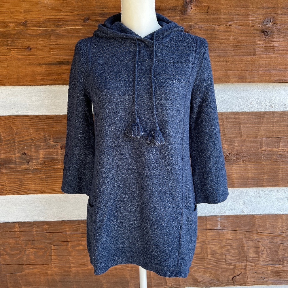 J. JILL Pure Jill Blue Hooded Sweater, Tassels, Pockets, 3/4 Sleeves, XS